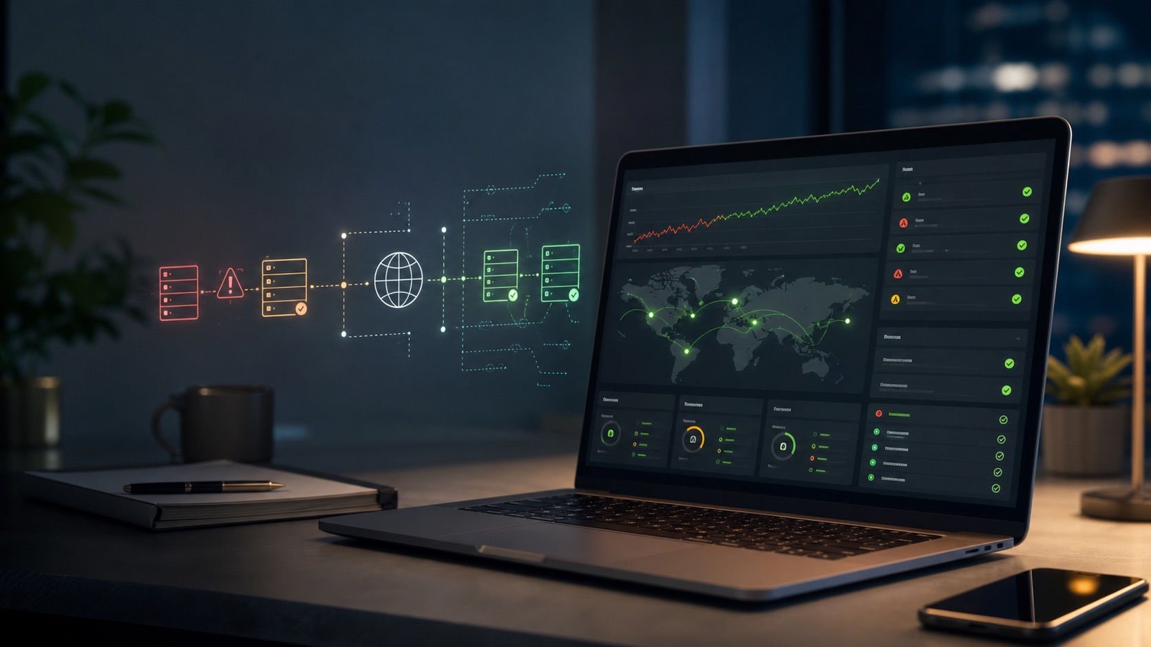 Dashboard tecnico che mostra il recupero di sito web, dominio e servizi DNS